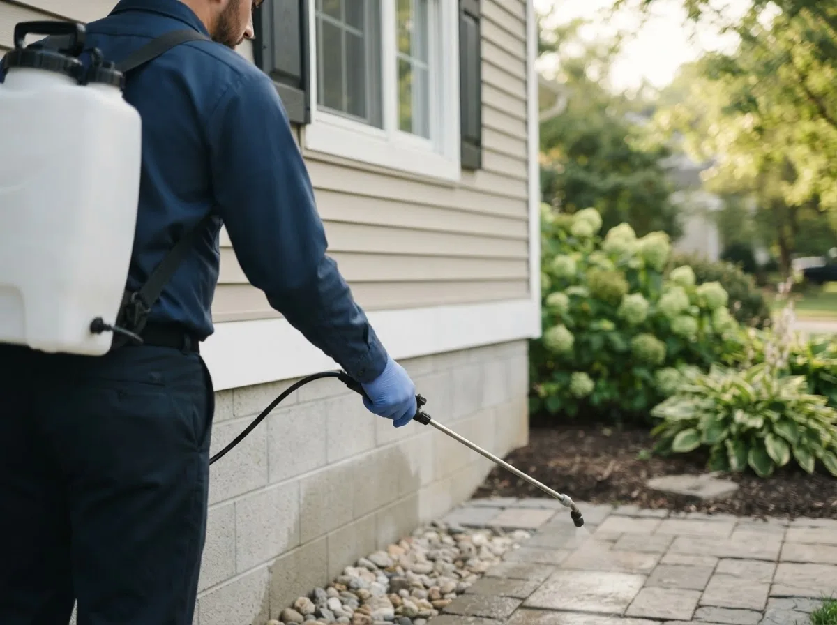 Pest control technician inspecting a home in Newberry, IN